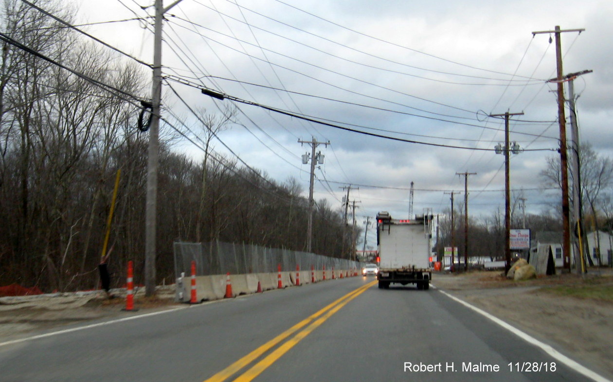 Image of widening construction on MA 18 heading south to commuter rail bridge in Weymouth