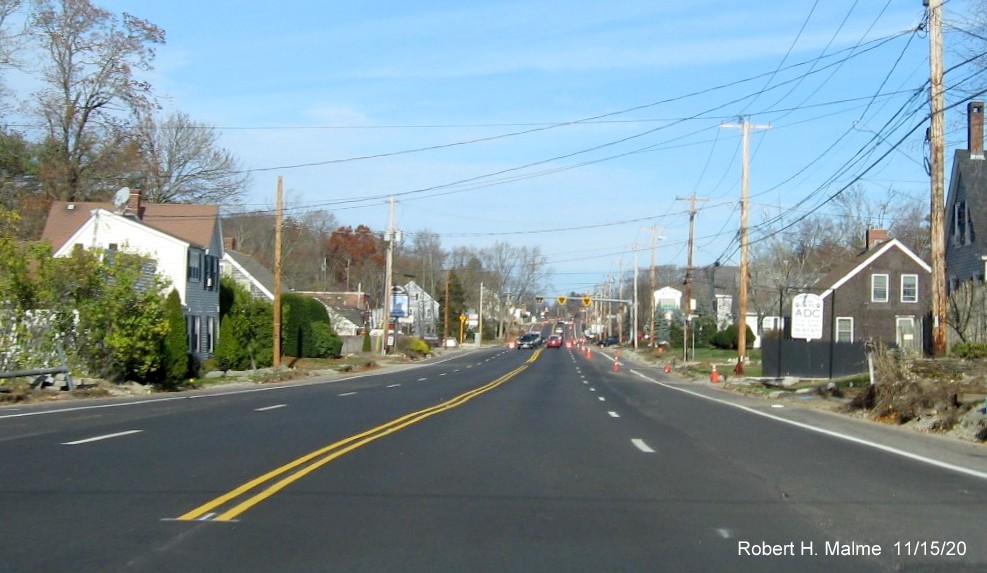 Image of paved and open 4-lanes of traffic on MA 18 just north of the MA 139 intersection in Abington, November 2020