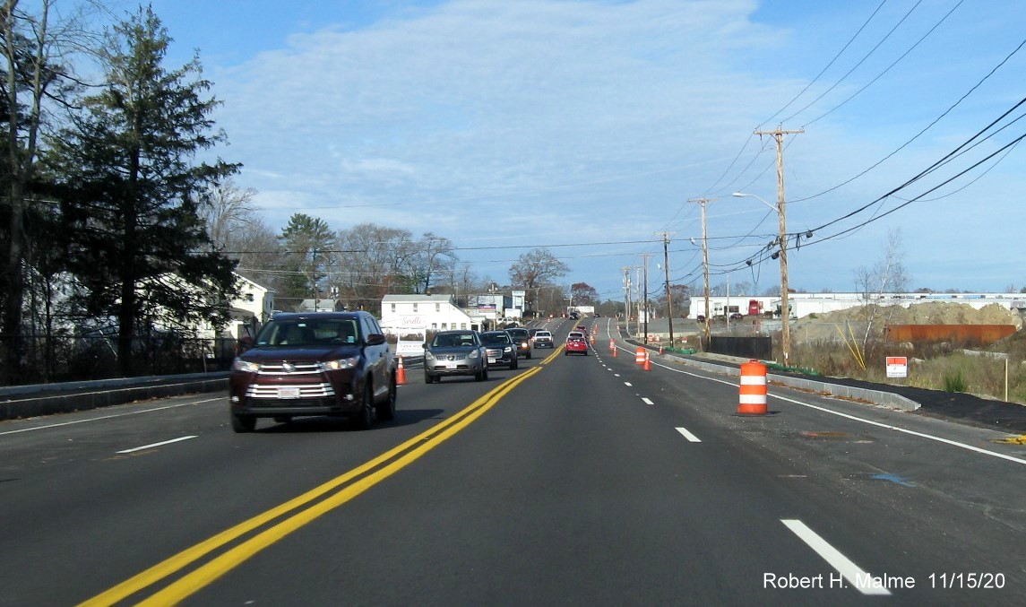 Image of nearly complete widened MA 18 roadway heading north after Abington Ale House, November 2020