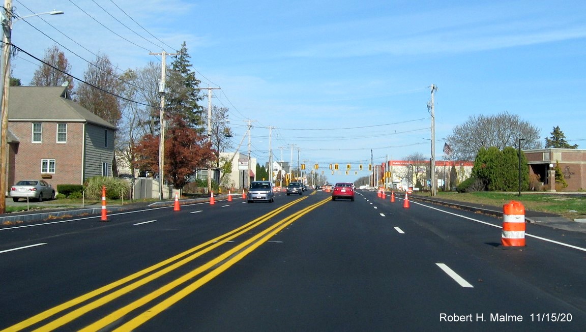 Image of nearly completed widened 4 lane MA 18 highway approaching MA 58 intersection in South Weymouth, November 2020
