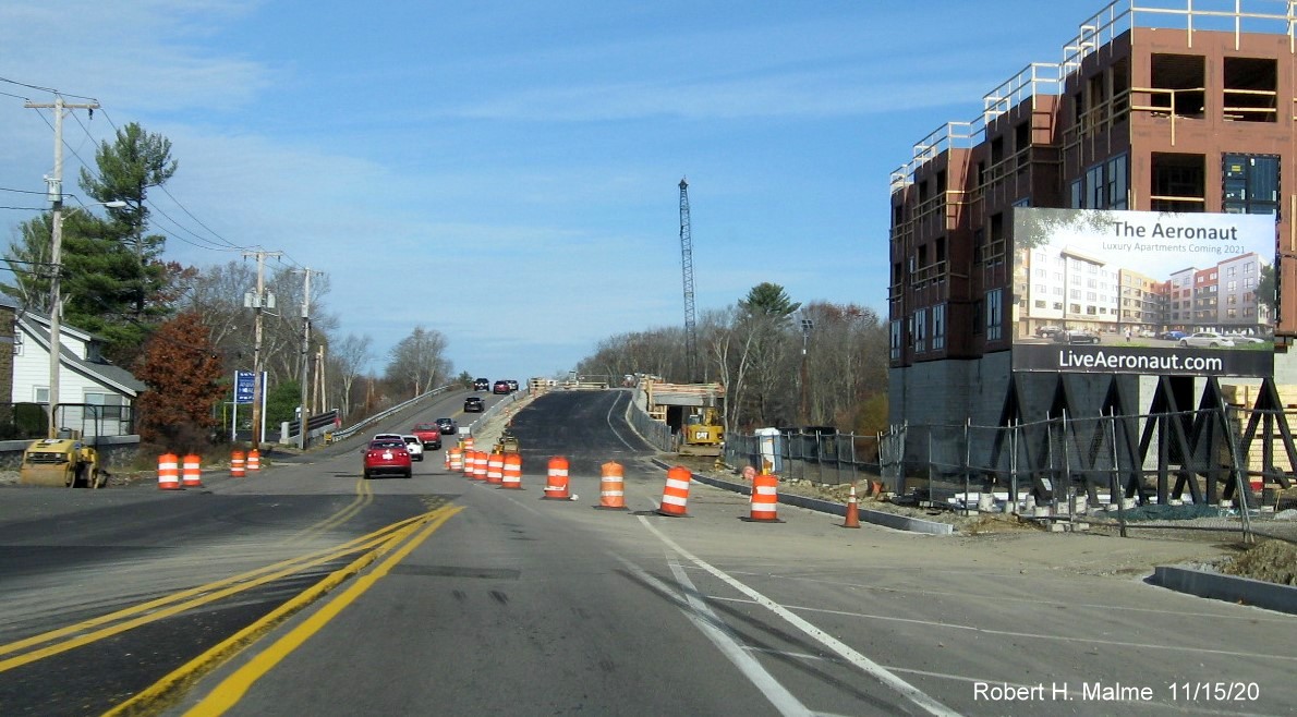 Image of MA 18 North approaching commuter railroad bridge still under construction as part of widening project in South Weymouth, November 2020
