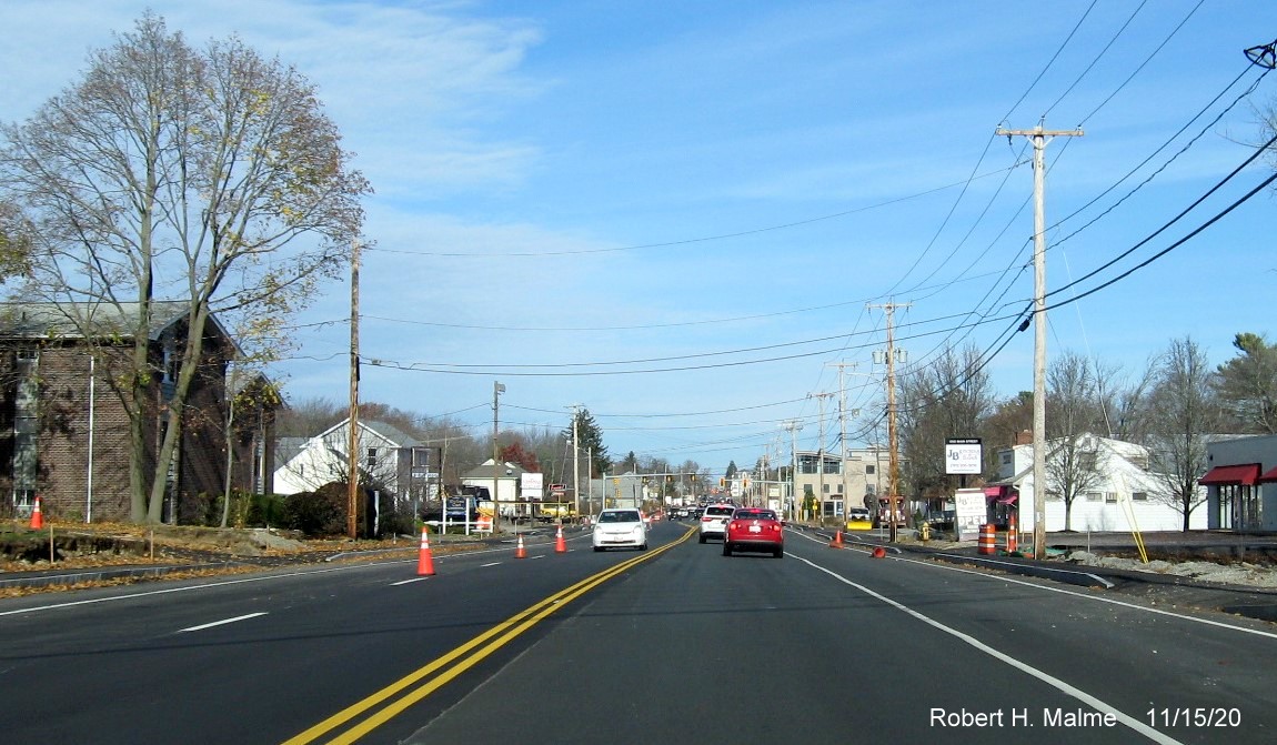 Image of widened MA 18 roadway almost ready for traffic approaching intersection with Shea Blvd. in South Weymouth, November 2020