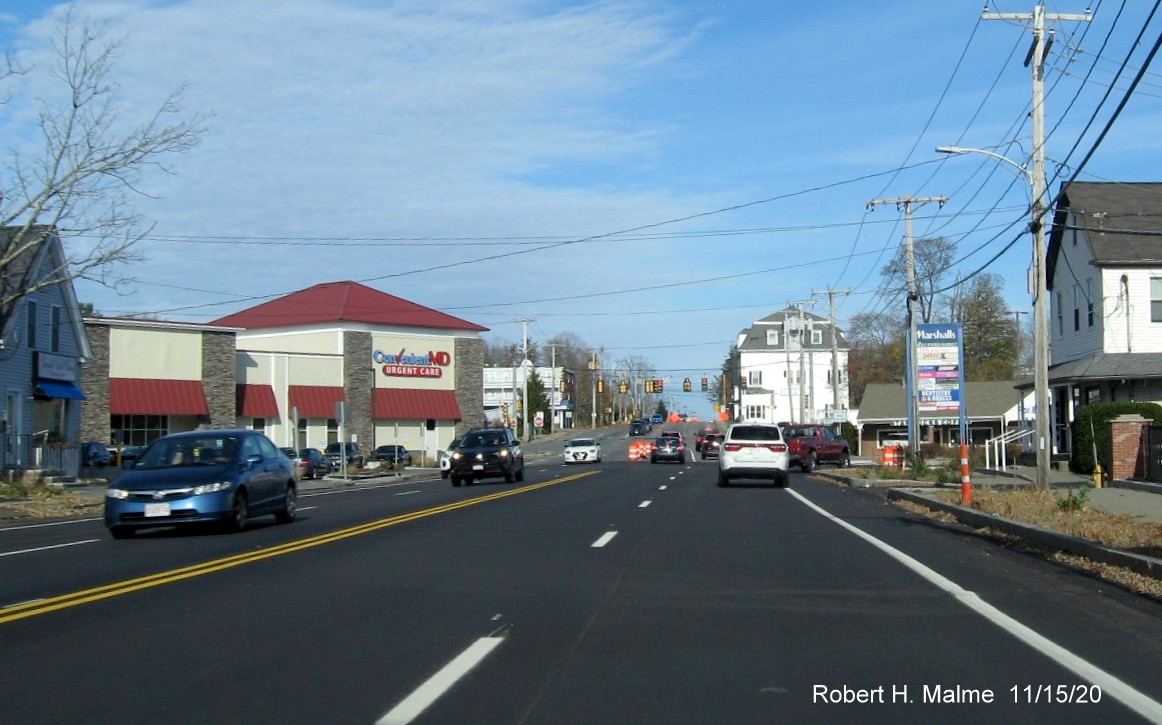 Image of 4-lanes of traffic now open at completed part of MA 18 widening project at Pleasant Street intersection in South Weymouth, November 2020