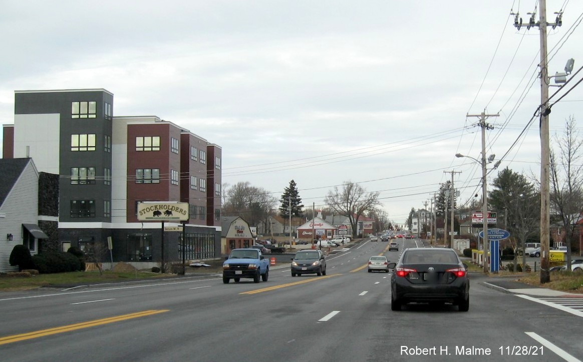 Image of view looking north along completely widened MA 18 toward Columbian Square in Weymouth, November 2021