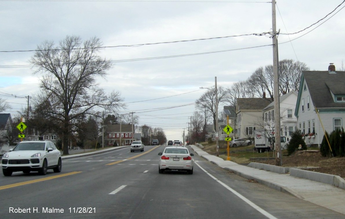 Image of view looking north along MA 18 approaching Middle Street in Weymouth on completed widened roadway, November 2021