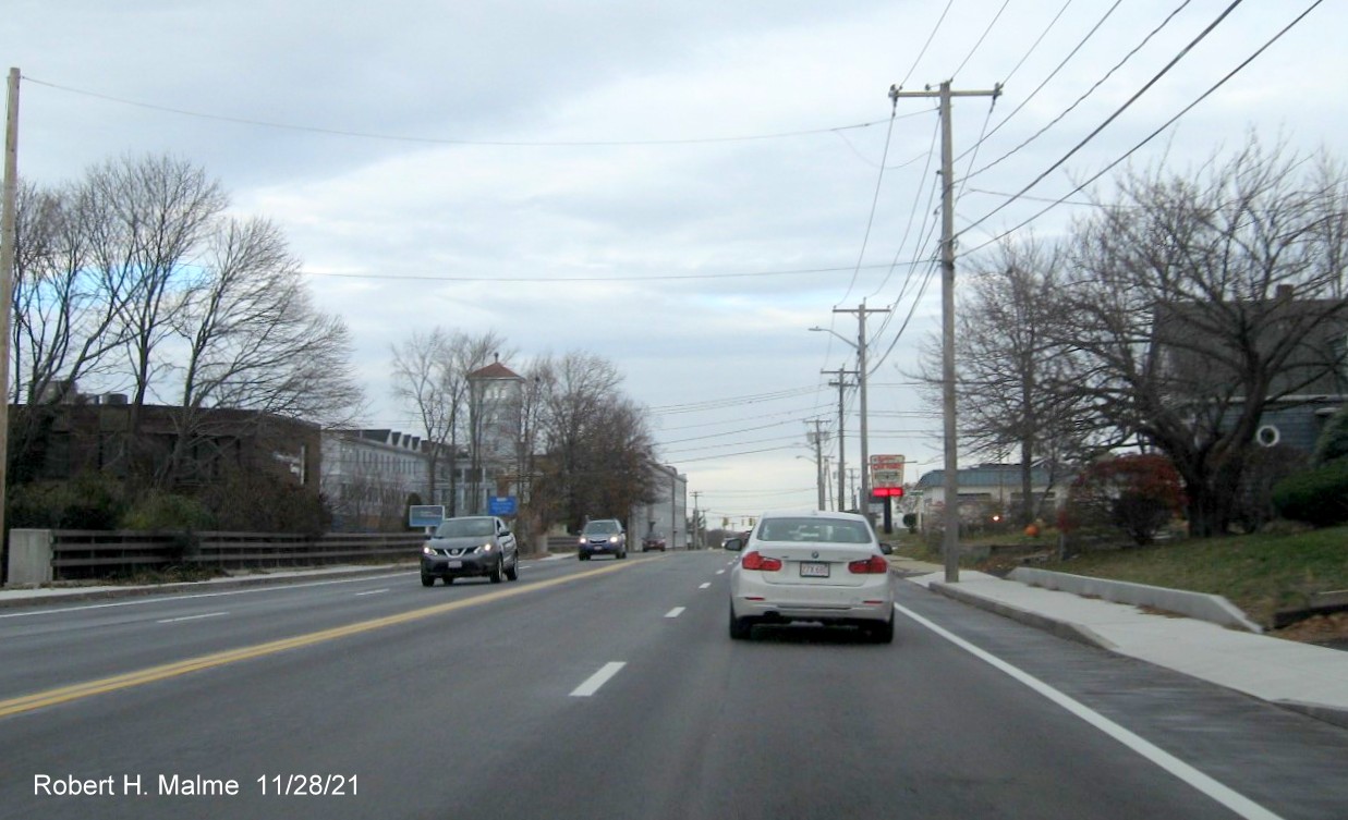 Image of view looking north along MA 18 approaching Middle Street in Weymouth on completed widened roadway, November 2021