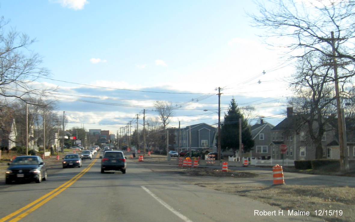 Image of construction barrels marking site of future widening on MA 18 South in Weymouth in Dec. 2019