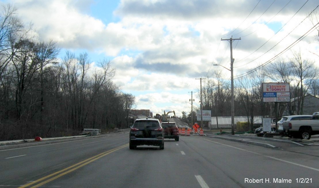 Image of widened 4-lane MA 18 southbound approaching commuter railroad bridge in South Weymouth, January 2021