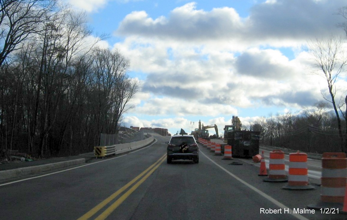Image from MA 18 southbound on incomplete commuter railroad bridge in South Weymouth, January 2021