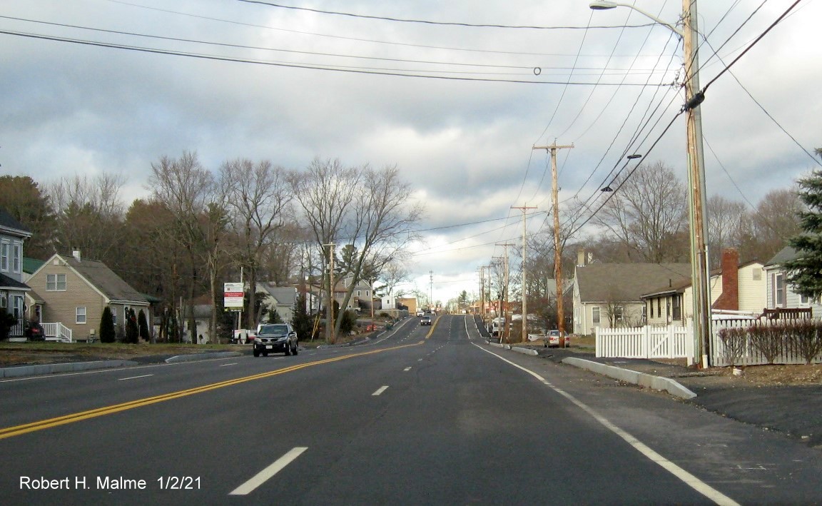 Image of widened 4-lane MA 18 northbound in Abington just after MA 139, January 2021