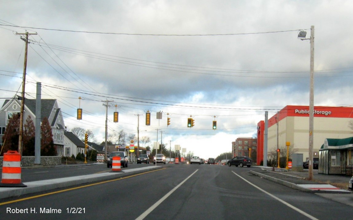 Image of widened 4-lane MA 18 northbound in South Weymouth approaching the Trotter Road intersection, January 2021