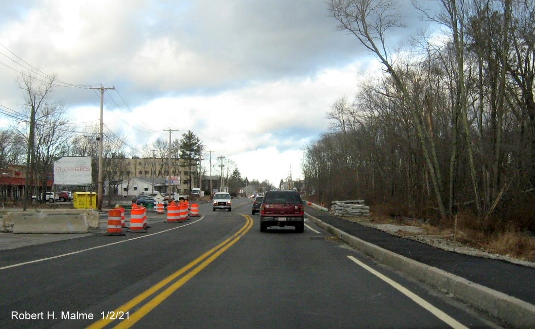 Image of widened 4-lane MA 18 northbound in South Weymouth after the commuter
                                      railroad bridge, January 2021