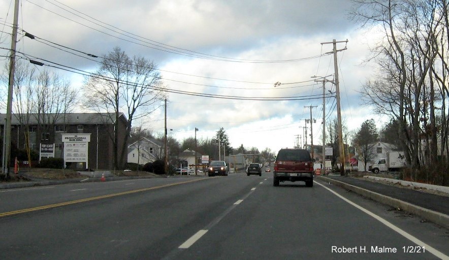 Image of widened 4-lane MA 18 northbound in South Weymouth approaching the Shea Blvd. intersection, January 2021