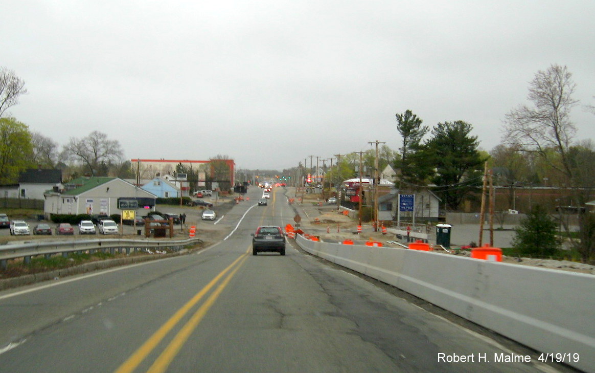 Image of view south over MA 18 Widening Project work zone from top of commuter rail bridge in Weymouth