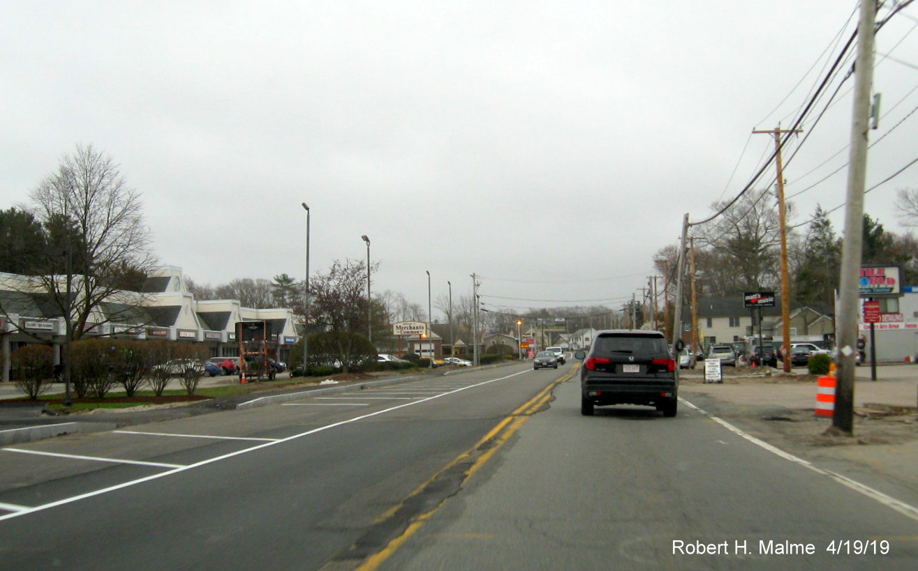 Image of completed new second northbound lane painted to prevent traffic using it on MA 18 North prior to MA 58 intersection in South Weymouth
