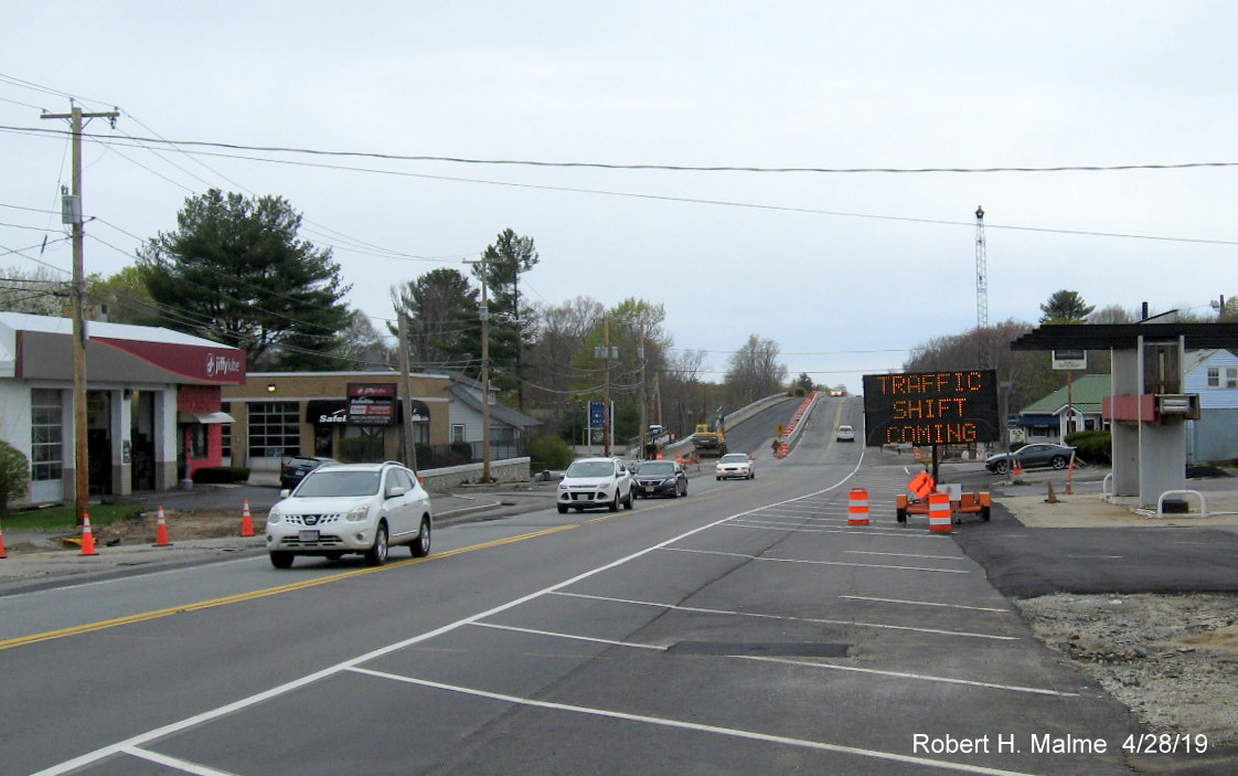 Image of variable message sign in MA 18 Widening Project work zone in South Weymouth prior to railroad bridge