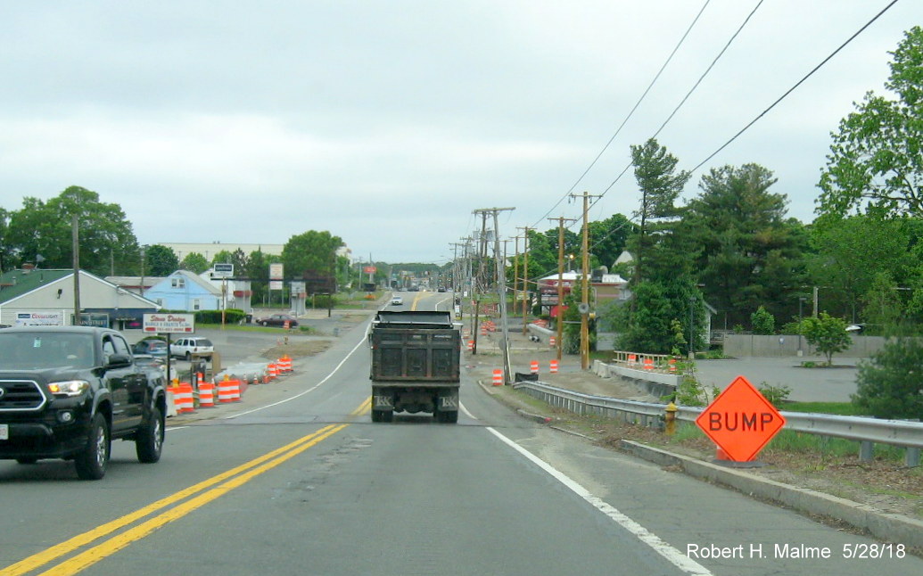 Image of view looking south on MA 18 railroad bridge over widening project work zone in Weymouth