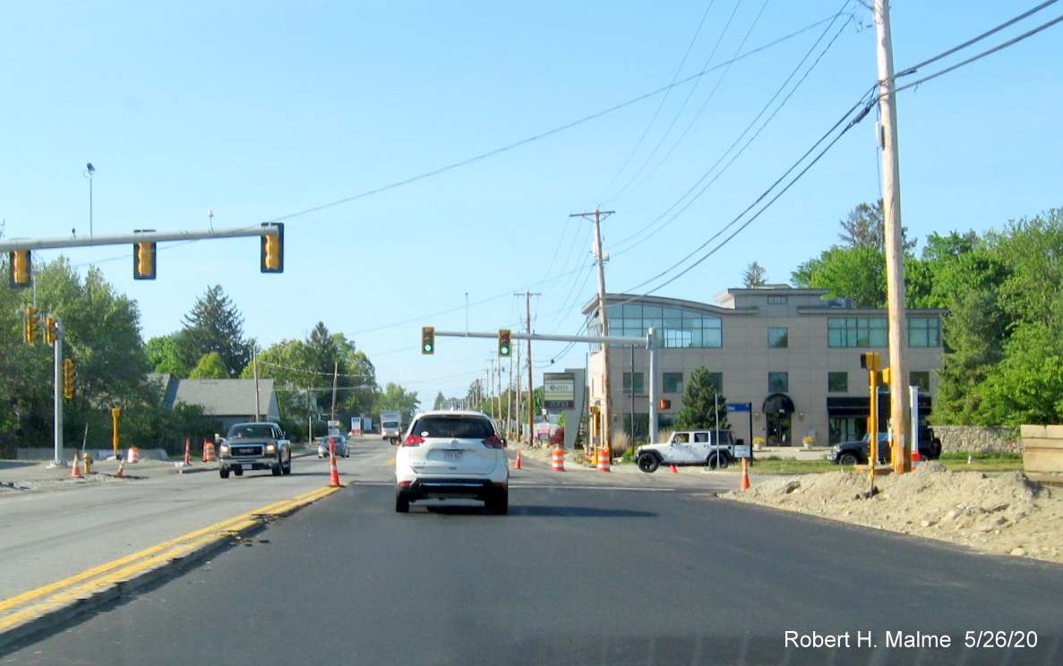 Image of new pavement placed along widened MA 18 lanes at intersection with Shea Boulevard at Union Point development in South Weymouth, taken May 2020