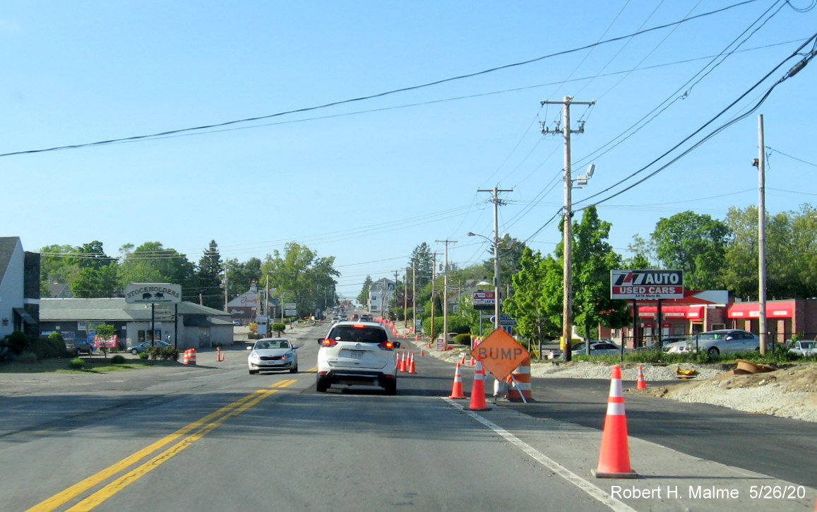 Image of pavement of future MA 18 North lane prior to Pleasant Street intersection in South Weymouth, taken May 2020