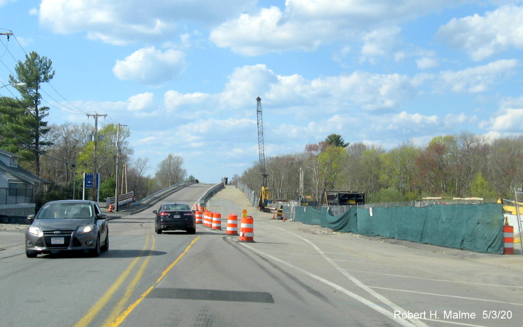 Image of commuter railroad bridge from MA 18 North being reconstructed as part of widening project in South Weymouth, May 2020