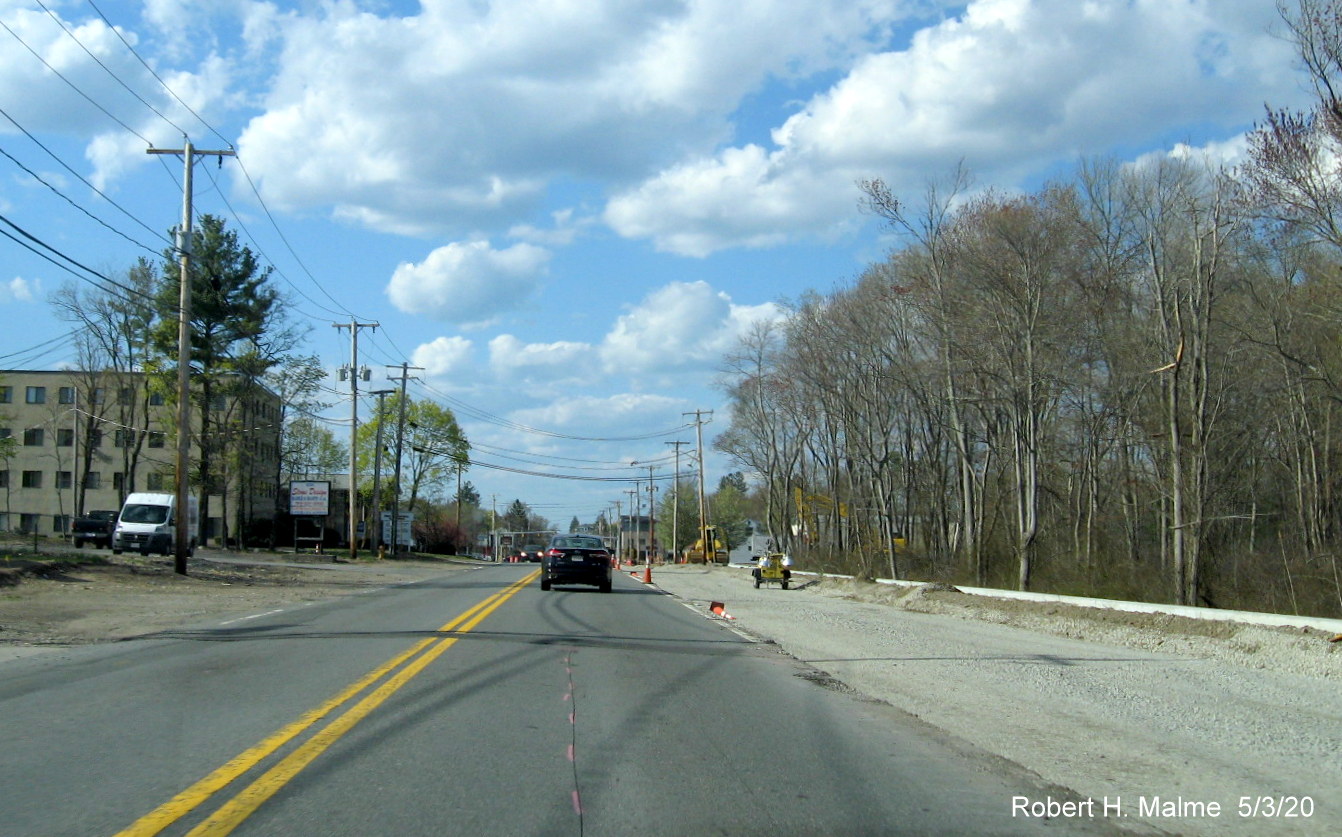 Image of newly graded MA 18 North lane awaiting paving from commuter railroad bridge to Pleasant Street, May 2020 