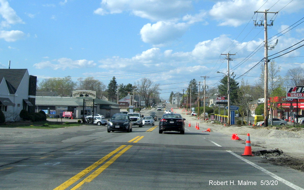 Image of new MA 18 North lane awaiting paving approaching Pleasant Street in South Weymouth, May 2020