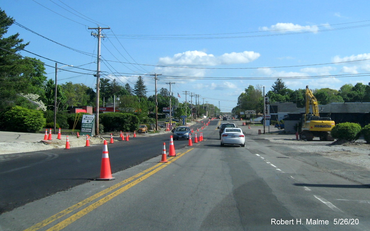 Image looking south along MA 18 at new paving of widened northbound lane between Shea Blvd. and Pleasant/Pond Street intersection, May 2020
