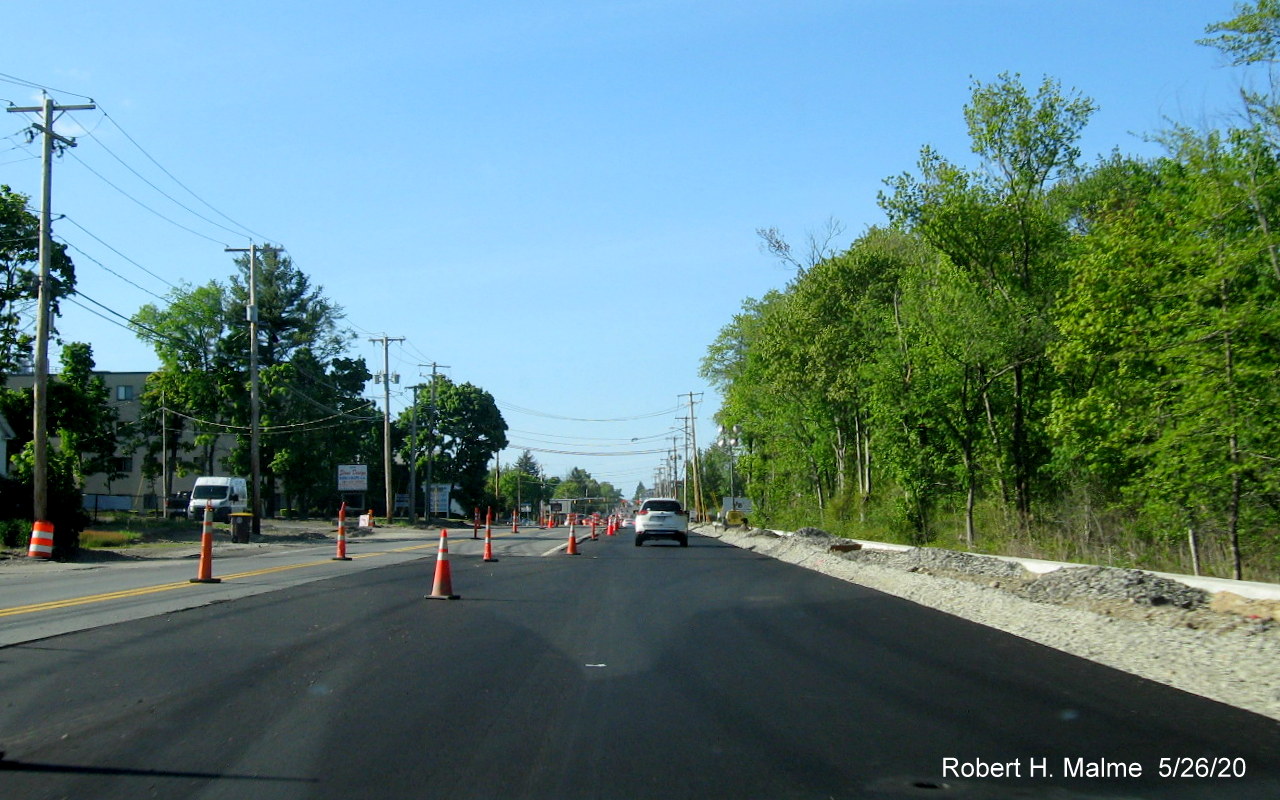 Image of traveling on MA 18 North on newly paved future widened roadway after commuter railroad bridge in South Weymouth, May 2020