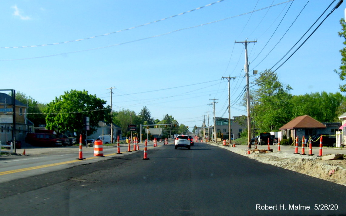 Image of newly paved widened lanes of MA 18 North approaching intersection with Shea Blvd. at Union Point in South Weymouth, May 2020