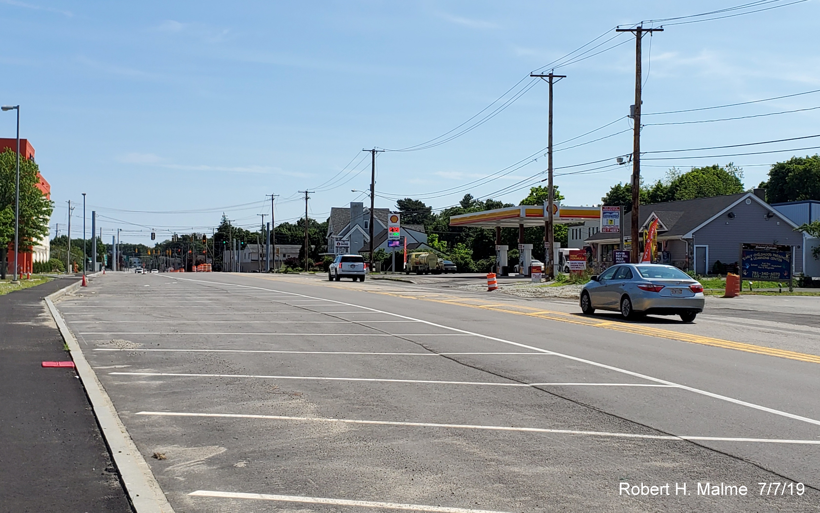 Image of completed new northbound lane for MA 18 in area of South Weymouth Commuter Rail Station in July 2019