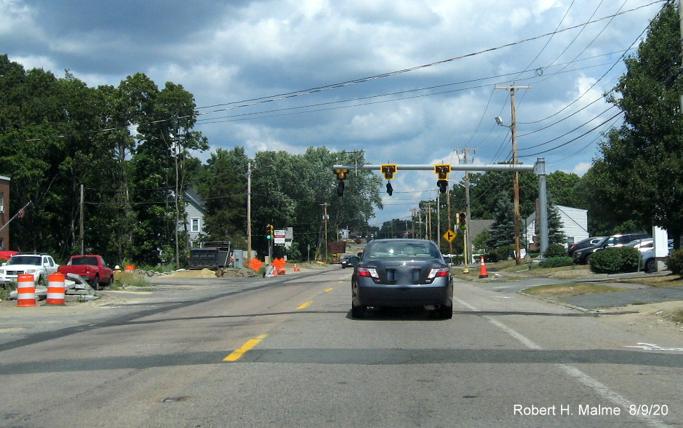Image of new overhead traffic signals for Abington Fire Station as part of MA 18 widening project, August 2020