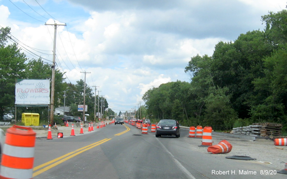 Image of traffic on MA 18 North transitioning to completed northbound lanes after railroad bridge in South Weymouth, August 2020