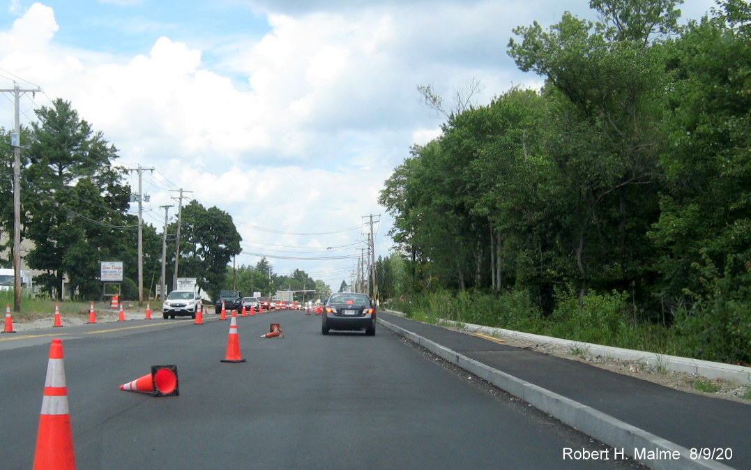 Image of traffic traveling along nearly completed widened MA 18 North lanes in South Weymouth, August 2020