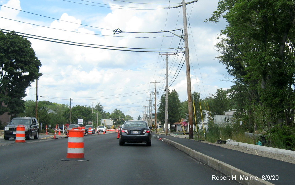 Image of nearly completed widened lanes for MA 18 North approaching Shea Blvd as part of widening project construction in South Weymouth, August 2020