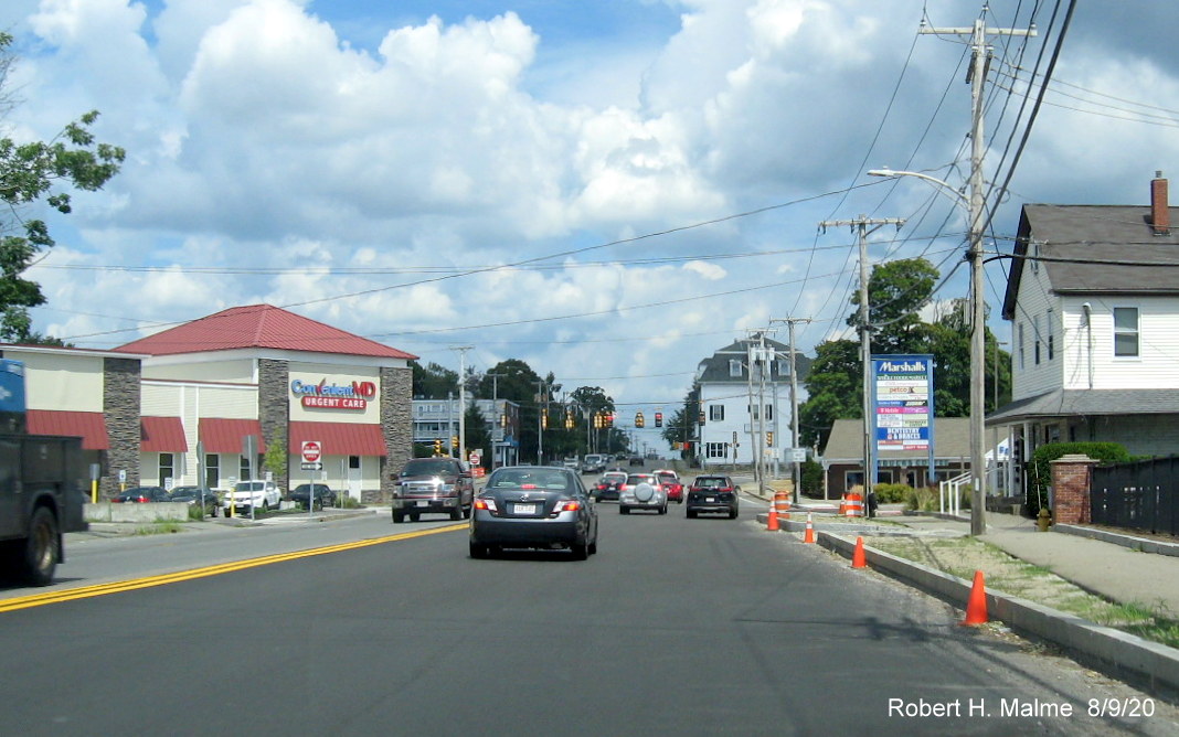 Image of widening project construction at the intersection with Pond and Pleasant Streets on MA 18 North in South Weymouth, August 2020