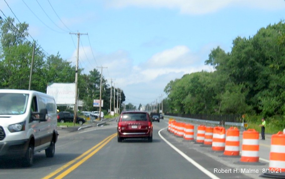 Image of traffic on MA 18 North shifting lanes after commuter railroad bridge still under construction in South Weymouth, August 2021