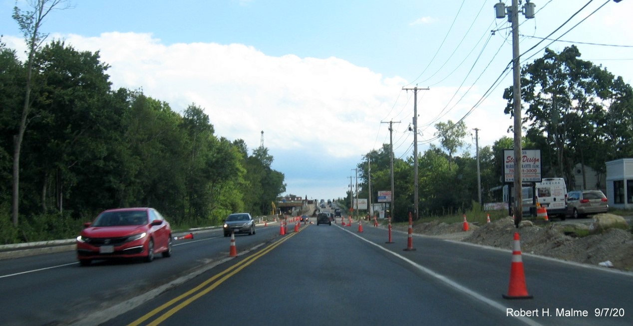 Image of MA 18 South widening construction in South Weymouth approaching commuter railroad bridge, September 2020