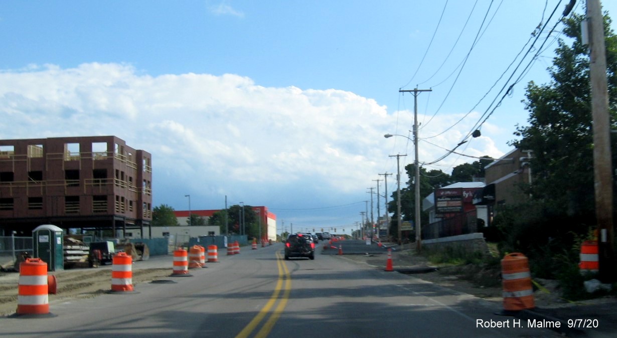 Image of MA 18 South after commuter railroad bridge in South Weymouth in widening project work zone, September 2020