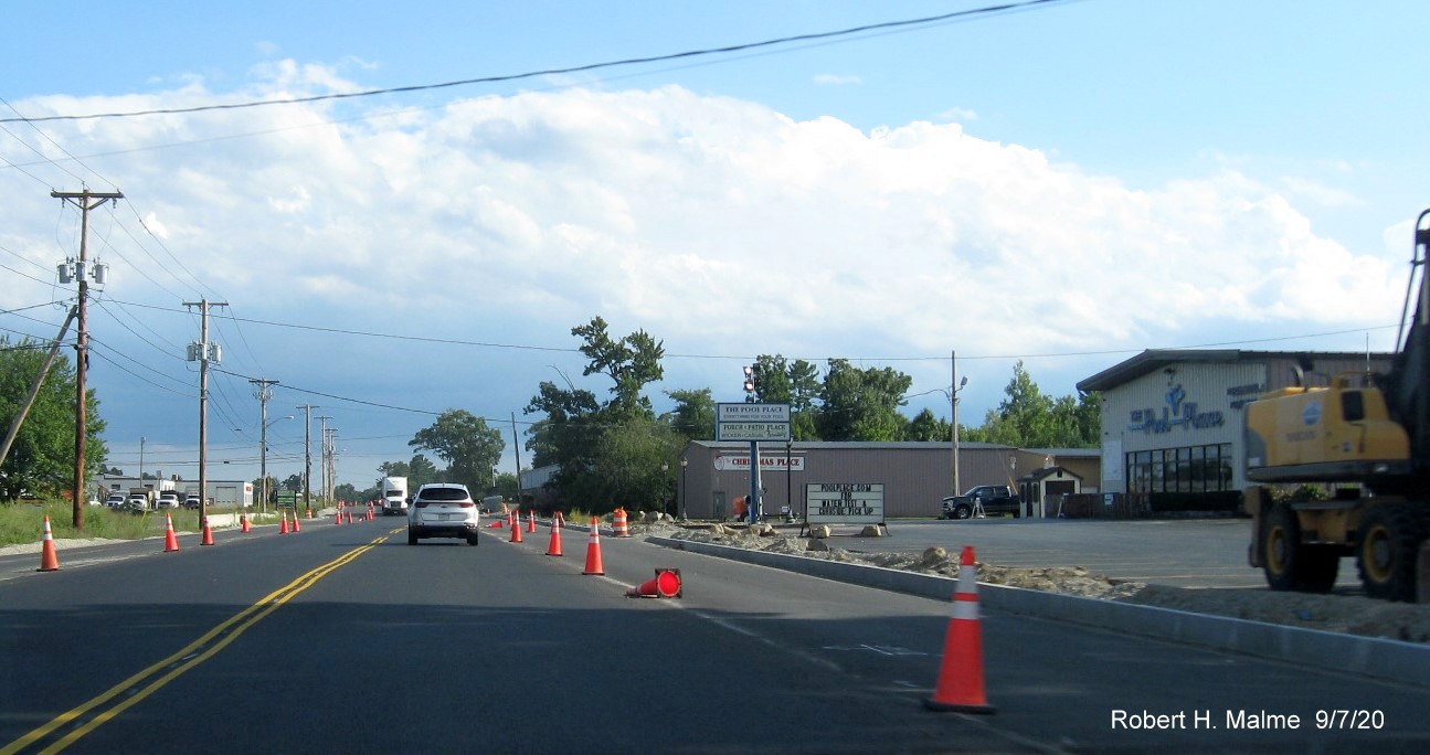 Image of MA 18 South in Abington showing new pavement in widening project work zone, September 2020