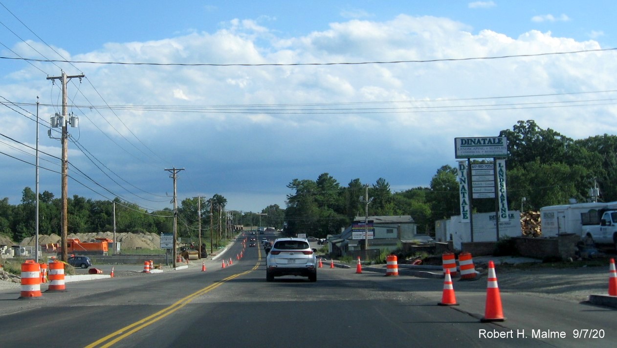Image of MA 18 South in Abington showing new pavement and curbing in widening project work zone, September 2020