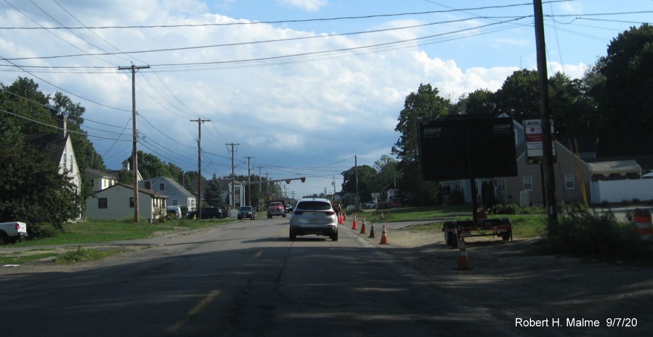 Image of MA 18 South in Abington at southern end of widening project work zone and existing pavement, September 2020