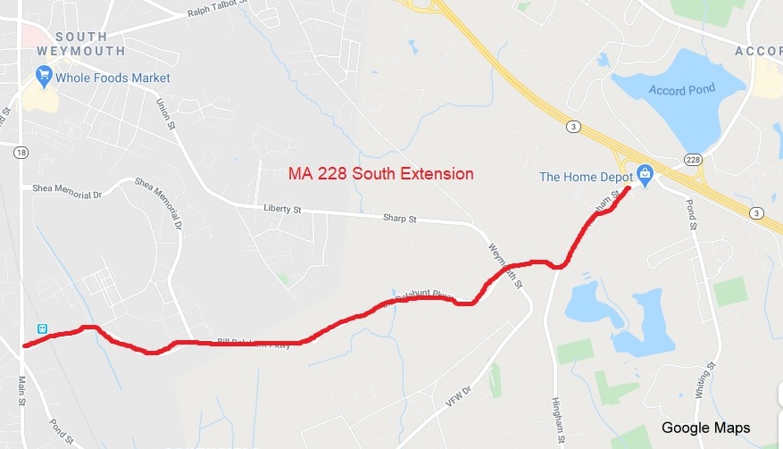 Google Map of proposed MA 228 extension from Rockland to Weymouth, created March 28, 2020