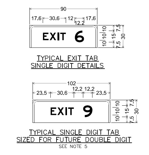 Sign plan image showing differences in 2 one-digit number exit tabs with one designed for 2-digit mileage based number in future, from MassDOT