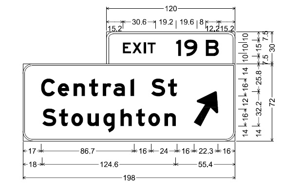 Image of plan for off-ramp sign for Central St exit on MA 24 in Avon, by MassDOT