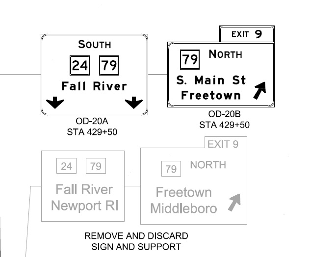 Image of comparative sign plan for old and new exit signs at MA 79 North exit on MA 24 South in Freetown, by MassDOT