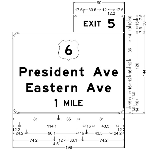 Image of sign plan for 1-Mile advance sign for US 6 exit on MA 24 in Fall River, by MassDOT