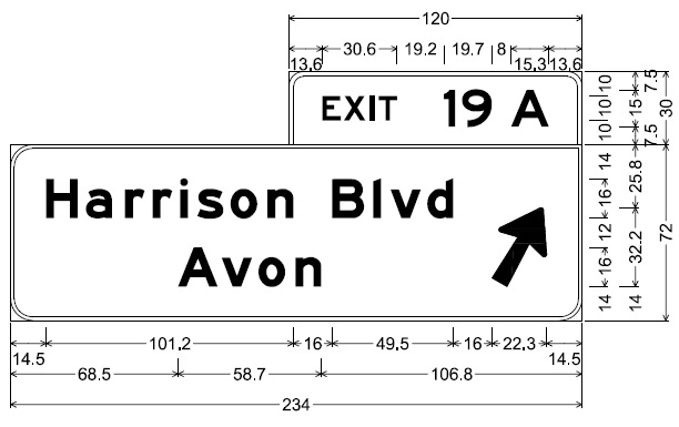 Image of plan for off-ramp sign for Harrison Blvd exit on MA 24 in Avon, by MassDOT