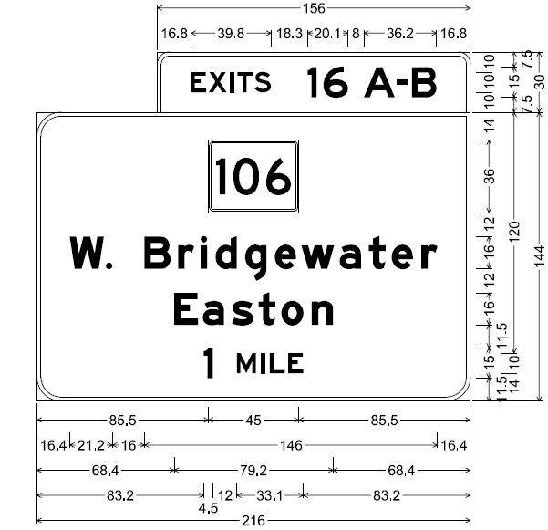 Image of plan for 1-mile advance sign for MA 106 exits on MA 24 in W. Bridgewater, by MassDOT