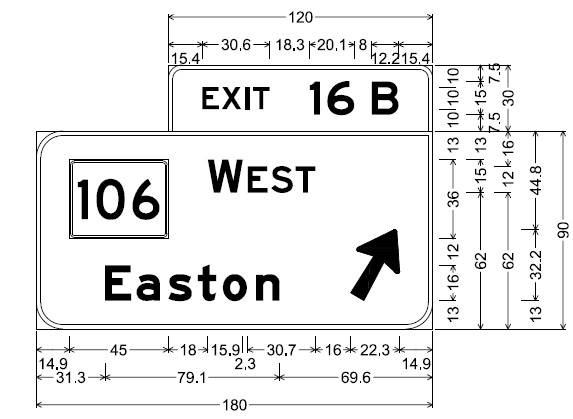 Image of plan of off-ramp sign for MA 106 West exit on MA 24 in W. Bridgewater, by MassDOT