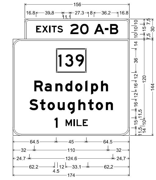 Image of plan for 1-mile advance sign for MA 139 exit on MA 24 in Stoughton, by MassDOT
